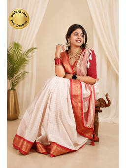 Isadora Life - Womens Checks Tassels White Pre-Draped Saree With Unstitched Blouse