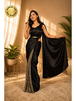 Isadora Life - Womens Animal Printed Black Pre-Draped Saree with Unstitched Blouse