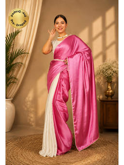 Isadora Life - Womens Solid Lace Work Pink Pre-Draped Saree with Unstitched Blouse