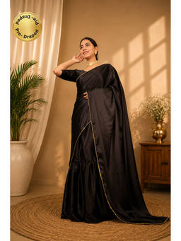 Isadora Life - Womens Solid Beads Black Pre-Draped Saree with Unstitched Blouse