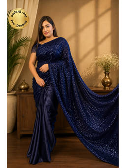 Isadora Life - Womens Sequined Blue Pre-Draped Saree with Unstitched Blouse