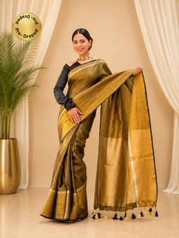 Isadora Life - Womens Solid Tassels Brown Pre-Draped Saree with Unstitched Blouse