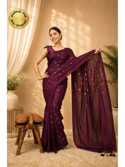 Isadora Life - Womens Woven Tassels Purple Pre-Draped Saree with Unstitched Blouse
