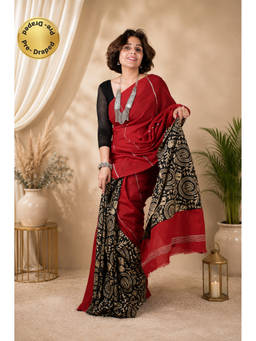 Isadora Life - Womens Printed Red Pre-Draped Saree with Unstitched Blouse