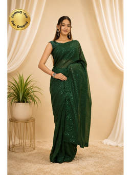 Isadora Life - Womens Sequined Green Pre-Draped Saree with Unstitched Blouse