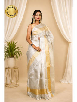 Isadora Life - Womens Woven Zari Off White Pre-Draped Saree with Unstitched Blouse