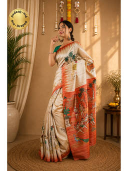 Isadora Life - Womens Printed Beige Pre-Draped Saree with Unstitched Blouse
