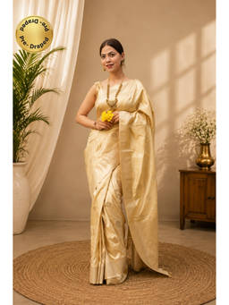 Isadora Life - Womens Woven Zari Beige Pre-Draped Saree with Unstitched Blouse