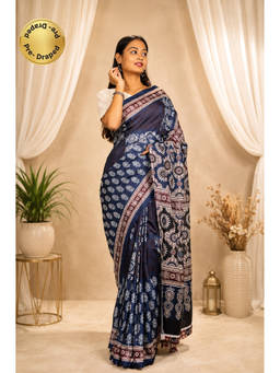 Isadora Life - Blue Floral Pre-Draped Saree with Unstitched Blouse