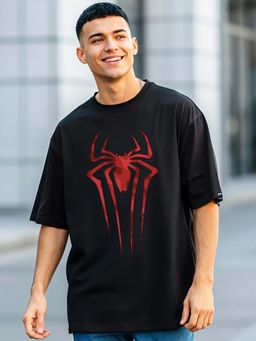 Bewakoof - Official Marvel Men's Black Spider Blend Graphic Printed Oversized T-shirt
