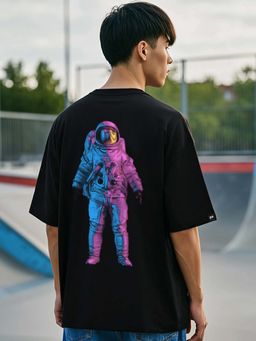 Bewakoof - Official Nasa Men's Black Universal Astro Graphic Printed Oversized T-shirt