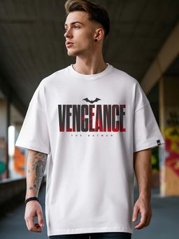 Bewakoof - Official DC Men's White Vengeance Typography Oversized T-shirt