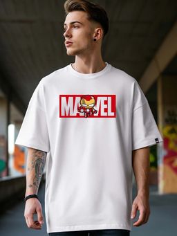 Bewakoof - Official Marvel Men's White Ironman Typography Oversized T-shirt