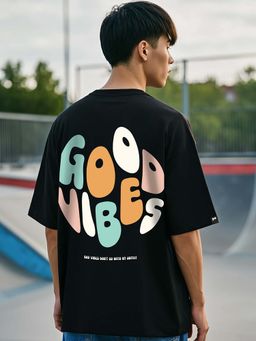 Bewakoof - Men's Black Good Vibes Typography Oversized T-shirt
