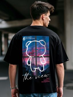 Bewakoof - Men's Black The View Graphic Printed Oversized T-shirt