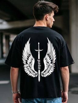 Bewakoof - Men's Black Guardian Wings Graphic Printed Oversized T-shirt