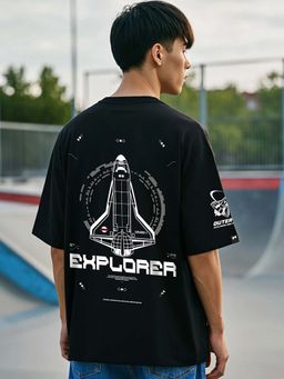Bewakoof - Men's Black Explorer NASA Graphic Printed Oversized T-shirt