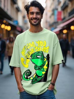 Bewakoof - Men's Green Watching You Change Colours Graphic Printed Oversized T-shirt