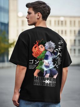 Bewakoof - Men's Black Gon & Killua Graphic Printed Oversized T-shirt