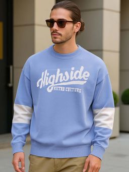 Bewakoof - Men's Blue High Side Typography Flatknit Sweater