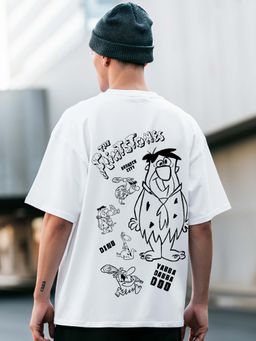Bewakoof - Official Cartoon Network Men's White The Flintstones Graphic Printed Oversized T-shirt