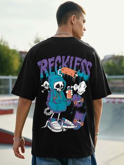 Bewakoof - Men's Black Reckless Graphic Printed Oversized T-shirt