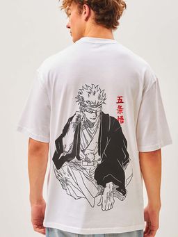 Bewakoof - Men's White Jujutsu Sorcerer Graphic Printed Oversized T-shirt