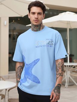 Bewakoof - Men's Blue Chambray Blue Star Fish Graphic Printed Oversized T-shirt