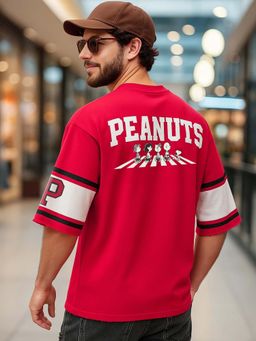 Bewakoof - Official Peanuts Men's Red Graphic Printed Oversized Sweatshirt