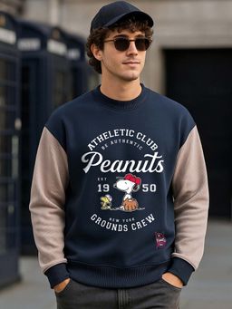 Bewakoof - Heavy Duty 1.0 Peanuts Men's Blue & Brown Graphic Printed Oversized Sweatshirt