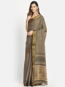 Fabindia - Grey Cotton Hand Block Printed Saree without Blouse