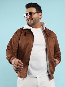 Instafab Plus - Men's Brown Zip-Front Jacket with Fleece Detail