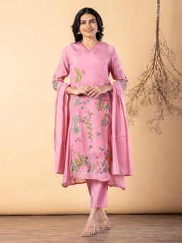 Readiprint - Women Pink Chanderi Silk Kurta with Pant and Dupatta
