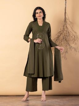 Readiprint - Women Green Pure Cotton Kurta with Pant and Dupatta