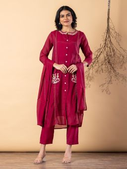 Readiprint - Women Maroon Chanderi Silk Kurta with Pant and Dupatta