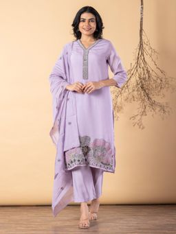 Readiprint - Women Lavender Chanderi Silk Kurta with Pant and Dupatta