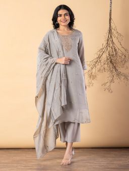Readiprint - Women Grey Chanderi Silk Kurta with Pant and Dupatta