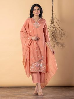 Readiprint - Women Rust Chanderi Silk Kurta with Pant and Dupatta