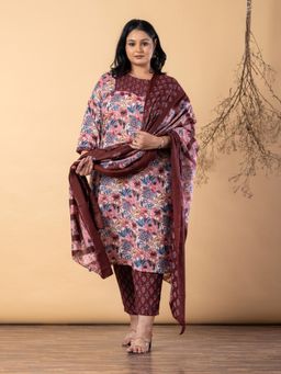 Readiprint - Women Maroon Cotton Blend Kurta with Pant and Dupatta