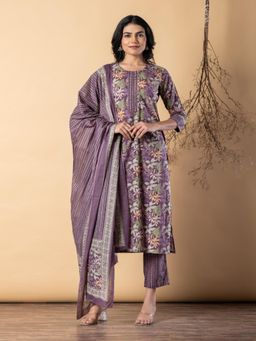 Readiprint - Women Purple Cotton Blend Kurta with Pant and Dupatta