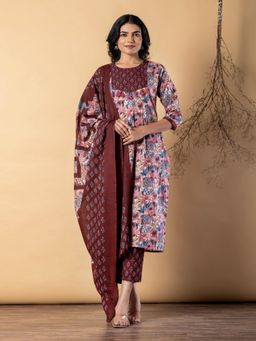 Readiprint - Women Maroon Cotton Blend Kurta with Pant and Dupatta