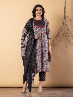 Readiprint - Women Black Cotton Blend Kurta with Pant and Dupatta
