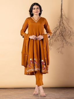 Readiprint - Women Rust Chanderi Silk Kurta with Pant and Dupatta