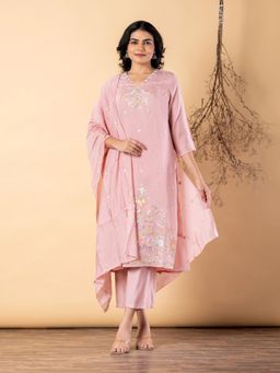 Readiprint - Women Peach Chanderi Silk Kurta with Pant and Dupatta