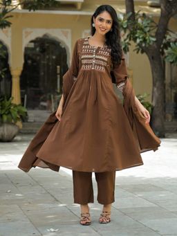 Readiprint - Women Brown Pure Cotton Kurta with Pant and Dupatta