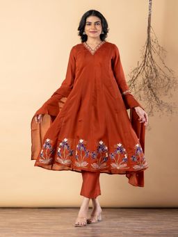 Readiprint - Women Rust Chanderi Silk Kurta with Pant and Dupatta