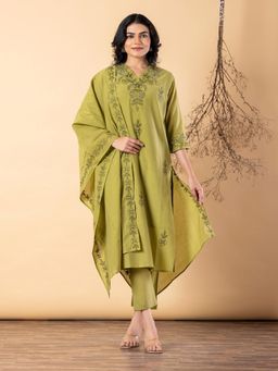 Readiprint - Women Green Chanderi Silk Kurta with Pant and Dupatta