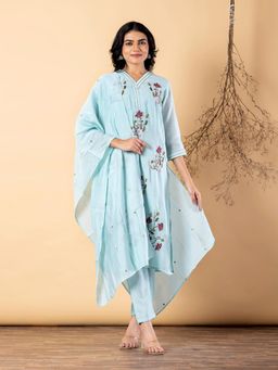 Readiprint - Women Blue Chanderi Silk Kurta with Pant and Dupatta