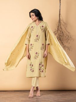 Readiprint - Women Beige Chanderi Silk Kurta with Pant and Dupatta