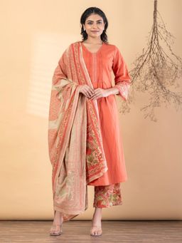 Readiprint - Women Peach Pure Cotton Kurta with Pant and Dupatta